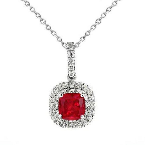 Picture of Harry Chad Enterprises 59202 4 CT Red Cushion Shaped Ruby Diamond Pendant&#44; 14K White Gold