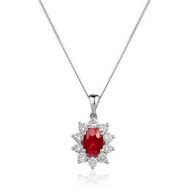 Picture of Harry Chad Enterprises 59305 14K White Gold 3 CT Red Ruby Oval & Round Diamonds Necklace