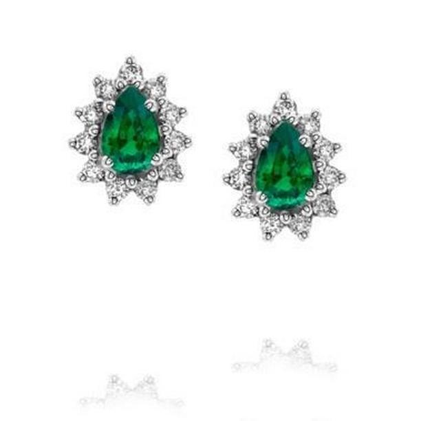 14K White Gold Prong Set 7 CT Emerald Diamond Stud Halo Earring