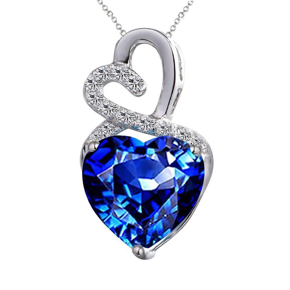 60935 3 CT Blue Heart Sapphire & Round Diamond Pendant, 14K White Gold