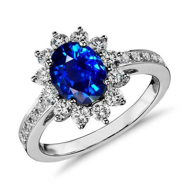 60937 3.90 CT Blue Sapphire & Diamonds Anniversary Ring, 14K White Gold - Size 6.5