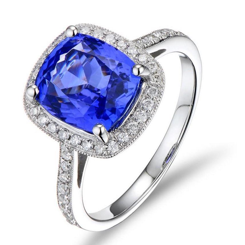 Prong Set Cushion & Round Cut 3.50 CT Blue Sapphire Diamonds Ring, Size 6.5