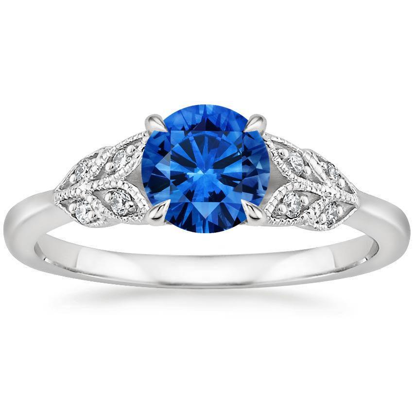 60939 Round Cut Blue Sapphire with Diamonds 2.25 CT Ring, 14K White Gold - Size 6.5