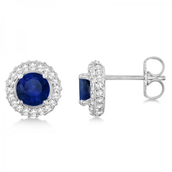 7.20 CT Blue Sapphire & Diamond Stud Earrings, 14K White Gold