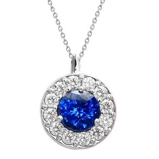 60944 2.70 CT Blue Sapphire with Diamonds Pendant Necklace, 14K White Gold - Size 6.5