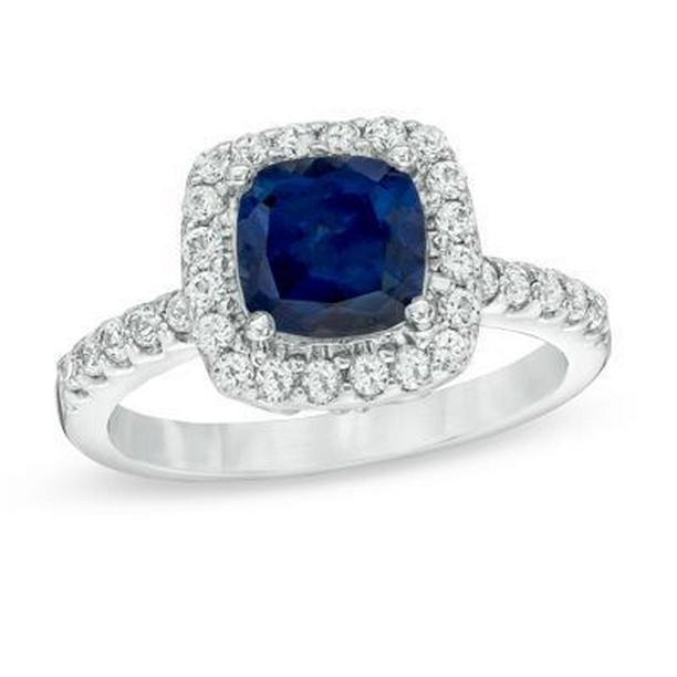 60946 Blue Sapphire with Diamonds 3.50 CT Anniversary Ring, 14K White Gold - Size 6.5