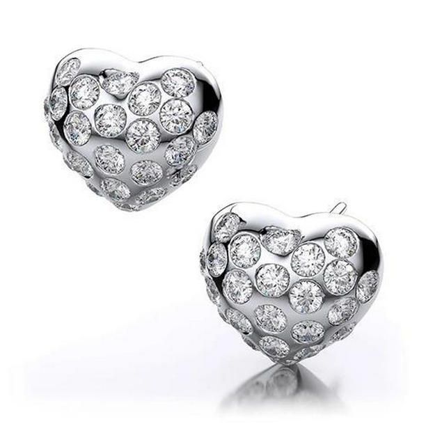 60974 Heart Shape 3.20 CT Round Cut Diamonds Stud Earrings, 14K White Gold