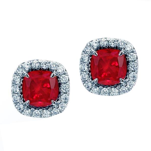 Cushion Ruby with Diamonds 7.50 CT Stud Earrings, 14K White Gold
