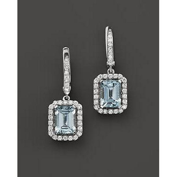 61676 Emerald Cut Aquamarine & Diamonds 5 CT Dangle Earrings