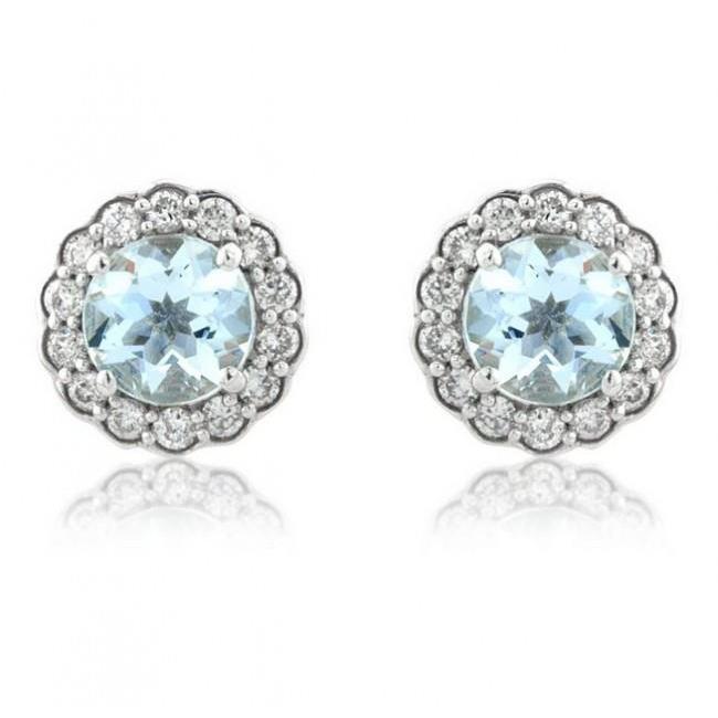 5.60 CT Round Aquamarine with Diamonds Earrings, 14K White Gold