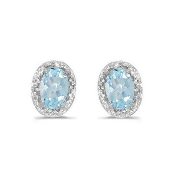 Oval Aquamarine with Diamonds 6 CT Stud Earrings, 14K White Gold