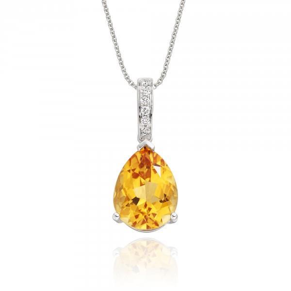 61704 22.75 CT Prong Set Citrine with Diamonds Pendant, 14K White Gold