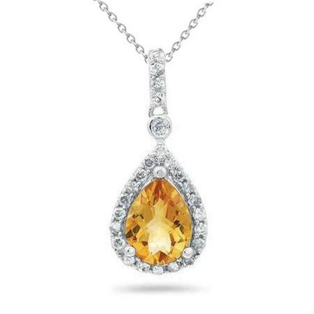 20 CT Citrine with Diamonds Pendant with Chain, 14K White Gold