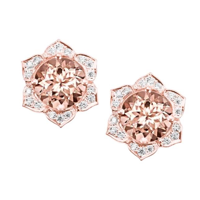 11.20 CT Big Morganite with Diamonds Lady Stud Earring, 14K Gold