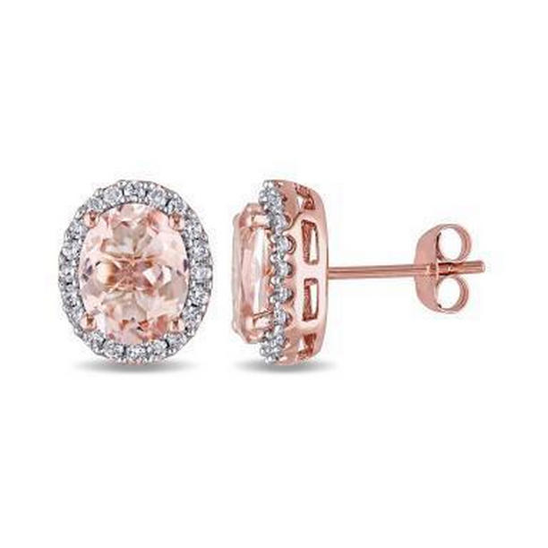 14.98 CT Oval Morganite with Round Diamonds Stud Earrings, 14K Gold
