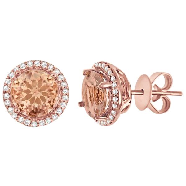12.02 CT Morganite with Diamonds Stud Earrings, 14K Rose Gold