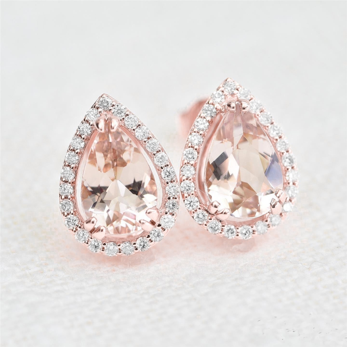61734 Pear Morganite with Round Diamonds 13.80 CT Stud Earring, 14K Gold