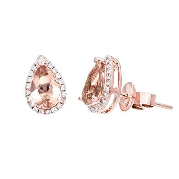 12.10 CT Pear Morganite & Round Diamonds Stud Earrings, 14K Gold