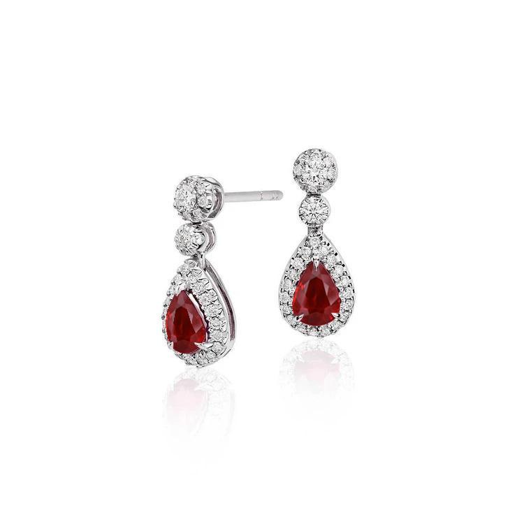 2.58 CT Red Ruby & Diamond Womens Gold 14K Dangle Earrings