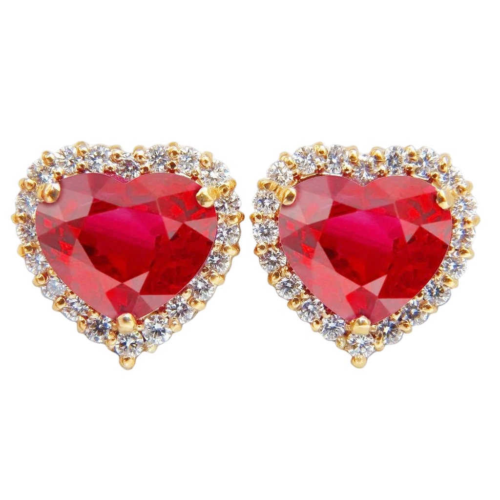 7.40 CT Heart Cut Ruby & Diamond Stud Earring, 14K Yellow Gold