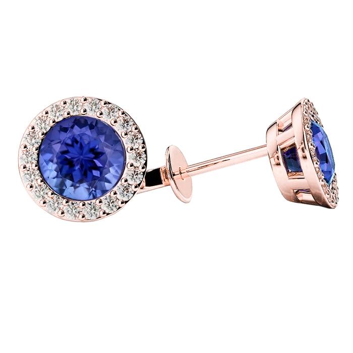 Blue Tanzanite & Diamonds Round Cut 5.50 CT Stud Earrings, 14K Gold