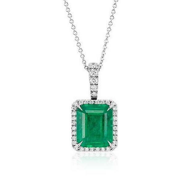 62296 11.50 CT Emerald & Diamond Gemstone Pendant, 14K White Gold