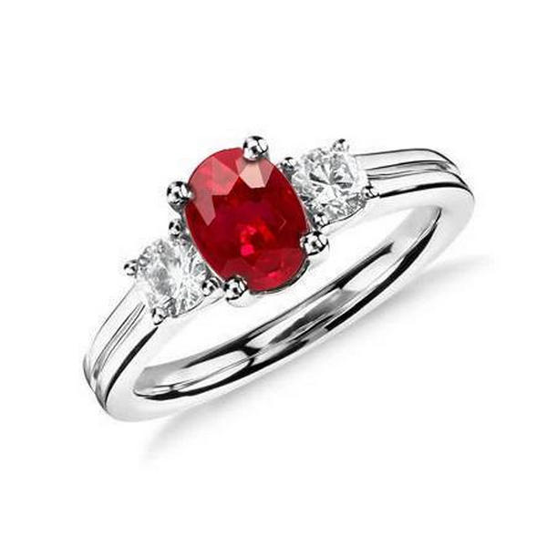 62313 Three Stone 3.50 CT Ruby & Diamonds Wedding Ring, 14K White Gold - Size 6.5