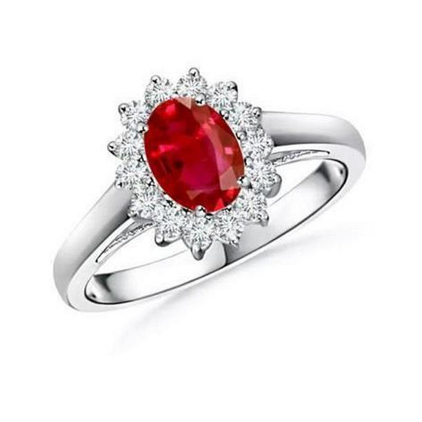 62315 4.25 CT Ruby & Diamonds Halo Ring, 14K White Gold - Size 6.5