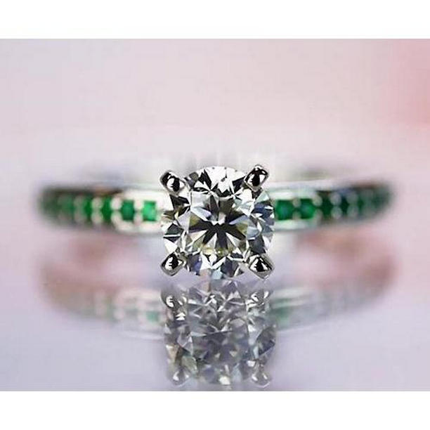 62355 1.50 CT Diamond Round Green Emerald Ring, 14K White Gold - Size 6.5