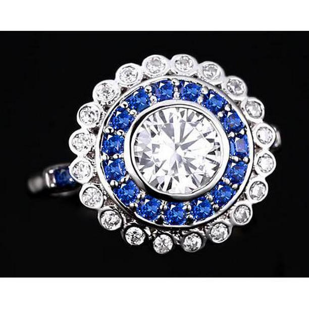 4 CT Round Diamond & Blue Sapphire Baguettes Anniversary Ring, Size 6.5