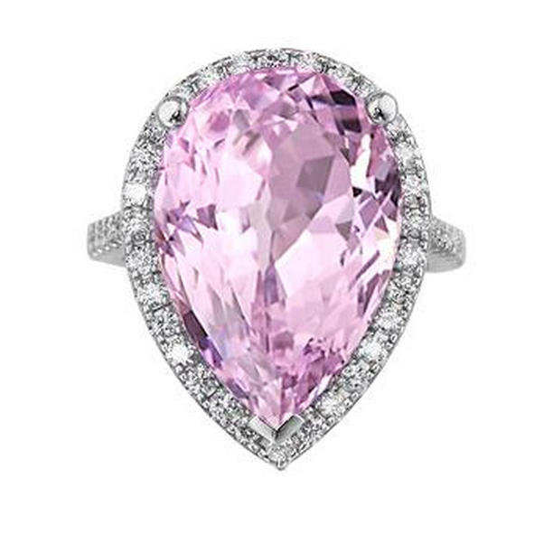 Pink Kunzite 20.40 CT Diamond White Gold Gemstone Wedding Ring, Size 6.5