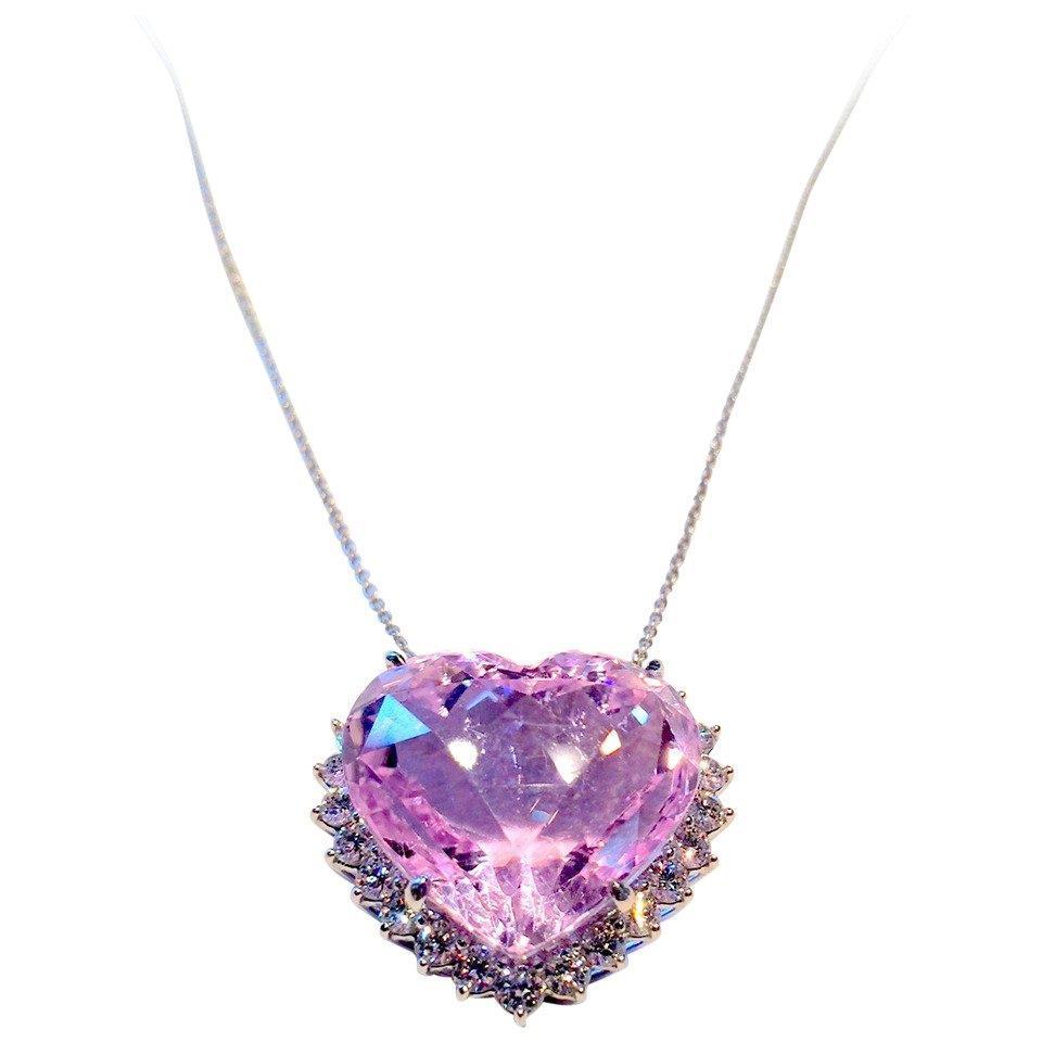 63039 20 CT Heart Cut Pink Kunzite with Diamond Pendant, 14K White Gold