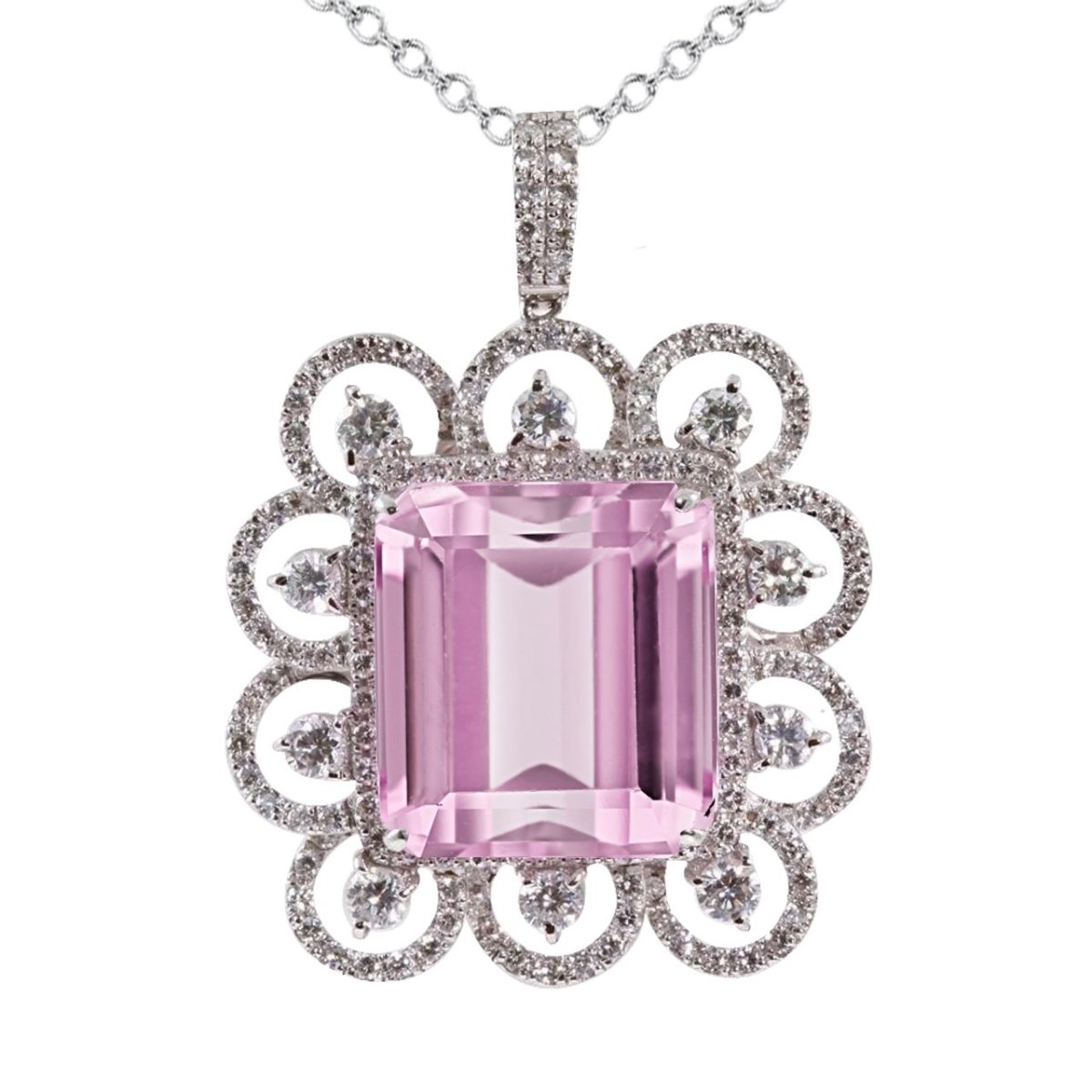 Picture of Harry Chad Enterprises 63053 22 CT Pink Emerald Cut Kunzite with Diamond Necklace Pendant, Gold