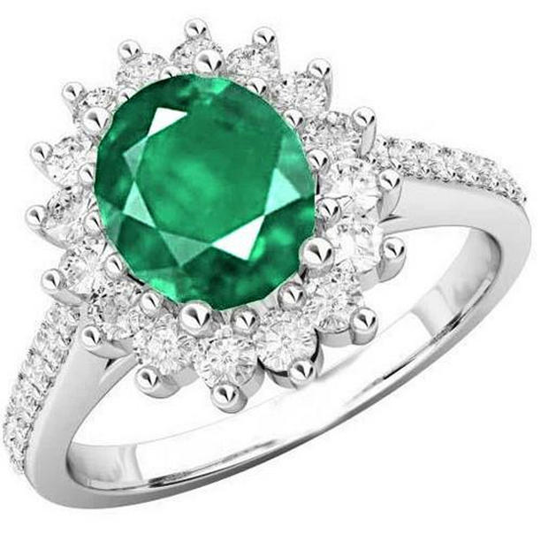 63799 Oval Cut Emerald & Diamonds 4.75 CT Wedding Ring, 14K White Gold - Size 6.5