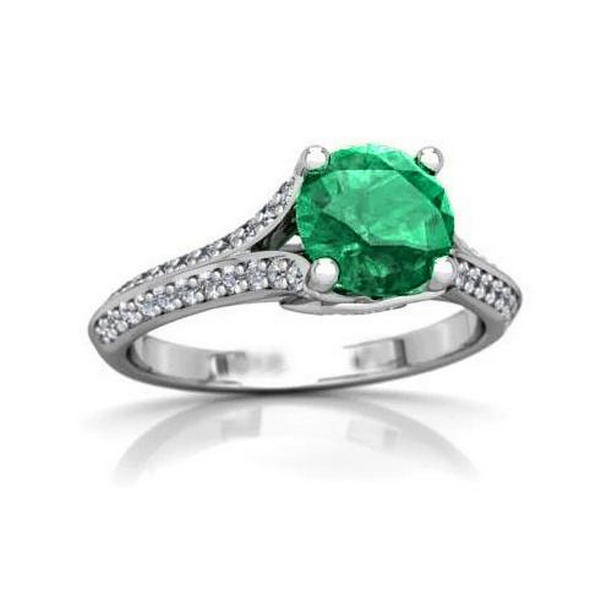 Round Cut 3.20 CT Emerald & Diamonds Wedding Ring, 14K White Gold - Size 6.5