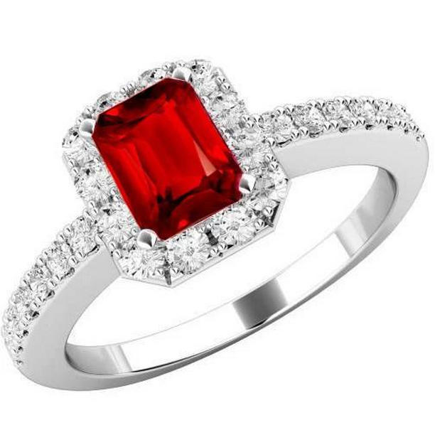 3.75 CT Emerald Cut Ruby & Round Diamonds Ring, 14K White Gold - Size 6.5