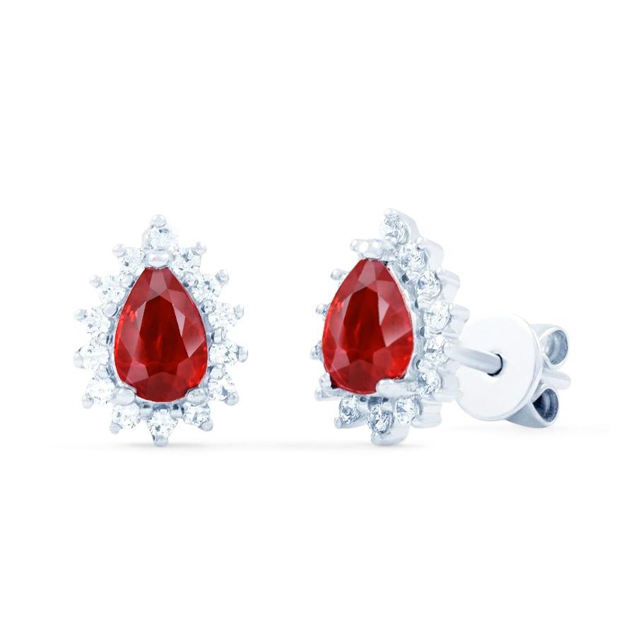 Red Ruby with Diamonds 5.10 CT Lady Stud Halo Earrings, 14K Gold