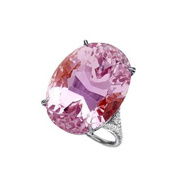20.50 CT Oval Cut Pink Kunzite Diamond Gemstone Ring, 14K White Gold - Size 6.5