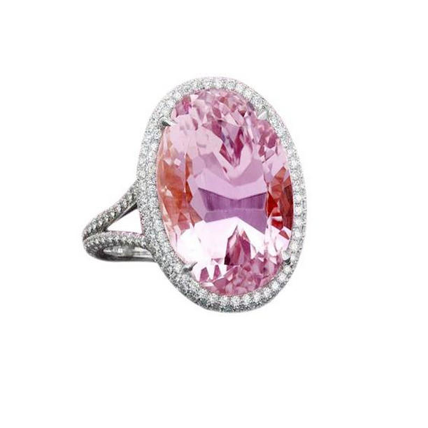 64486 21 CT Pink Kunzite & Diamond Wedding Ring, 14K White Gold - Size 6.5