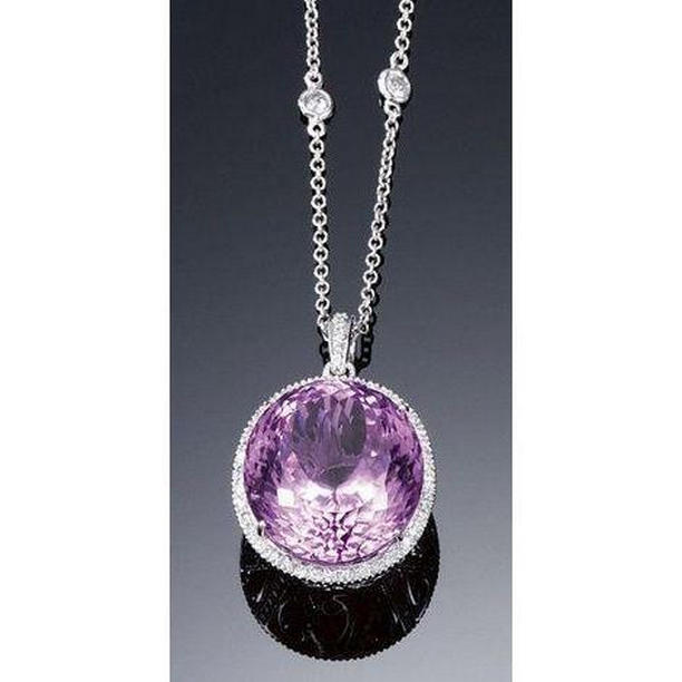 64492 20 CT Round Cut Pink Kunzite Gemstone Diamond Pendant, 14K White Gold