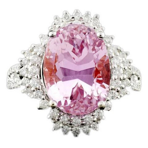 64512 Oval Cut Kunzite with Round Diamonds 18.25 CT White Gold Ring, Size 6.5