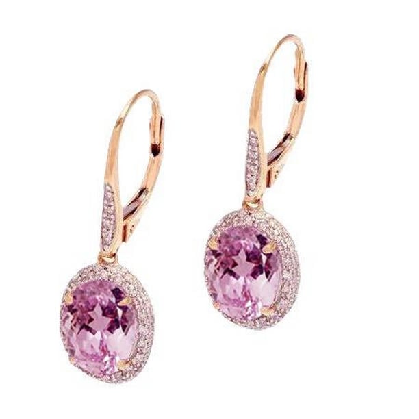 12.56 CT Oval Cut Pink Kunzite with Diamond Dangle Earring
