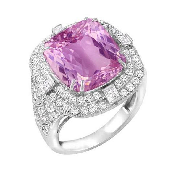 64517 Kunzite & Diamonds 13.50 CT Wedding Ring, 14K White Gold - Size 6.5