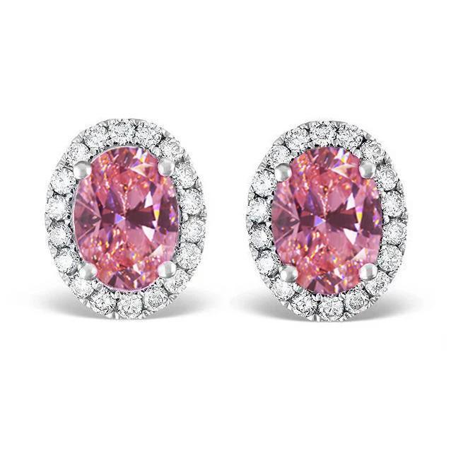 4 CT Pink Sapphire & Diamonds Stud Earrings, 14K White Gold