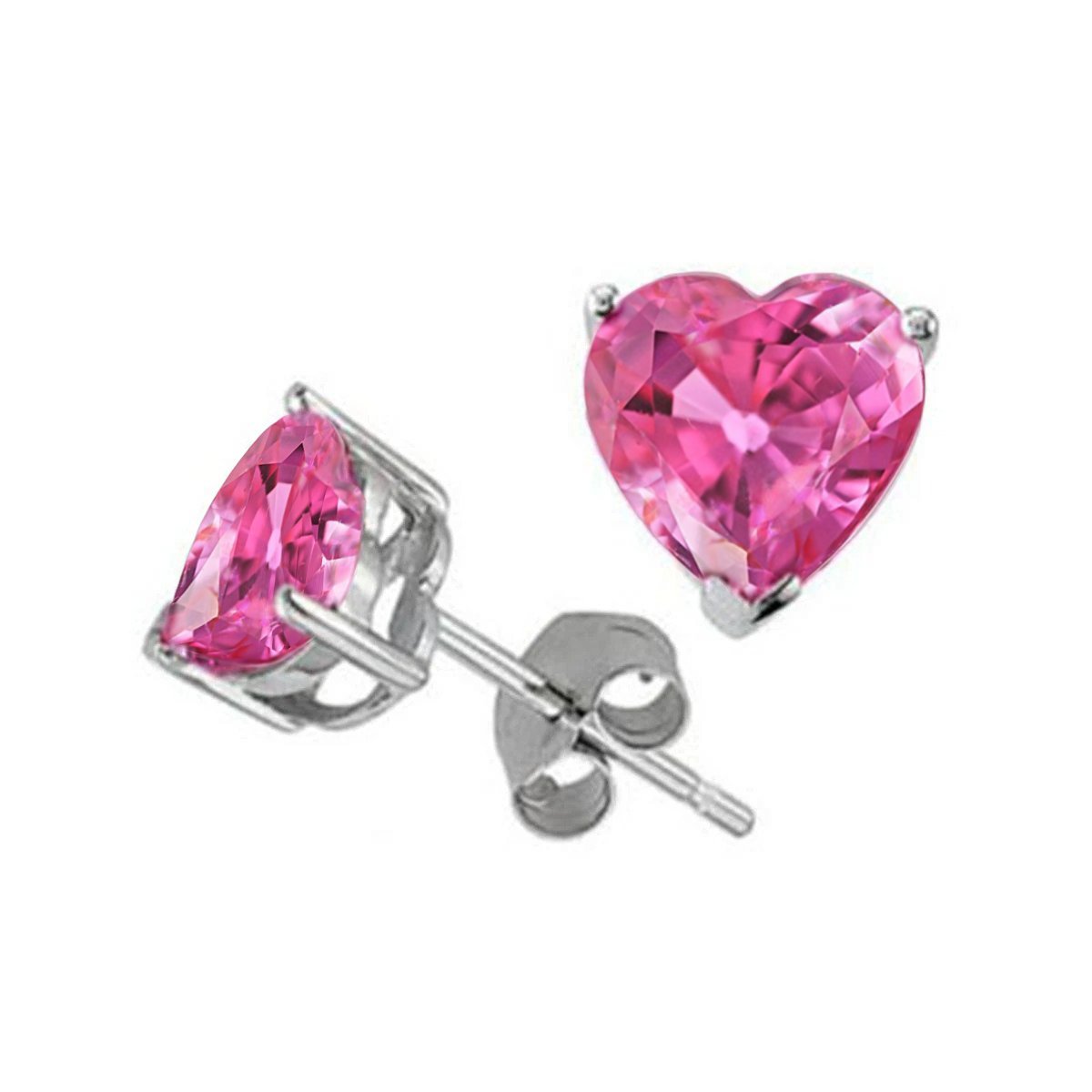 14K White Gold 3 CT Heart Shape Pink Sapphire Stud Earrings
