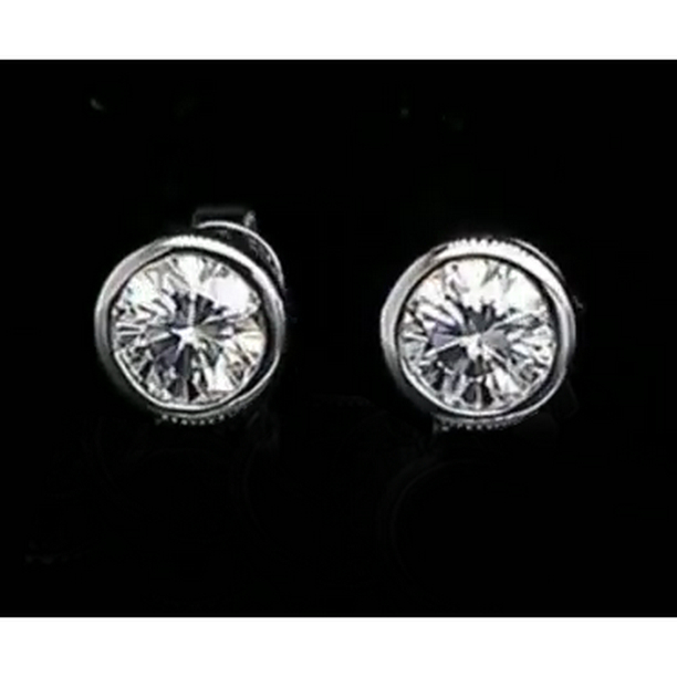 65351 Bezel Set Solitaire 1 CT Round Diamond Fine Stud Earrings