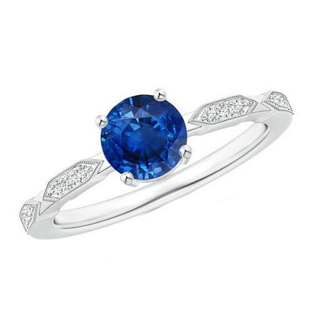 2.25 CT Diamond Vintage Style Round Blue Sapphire Gemstone Ring, Size 6.5