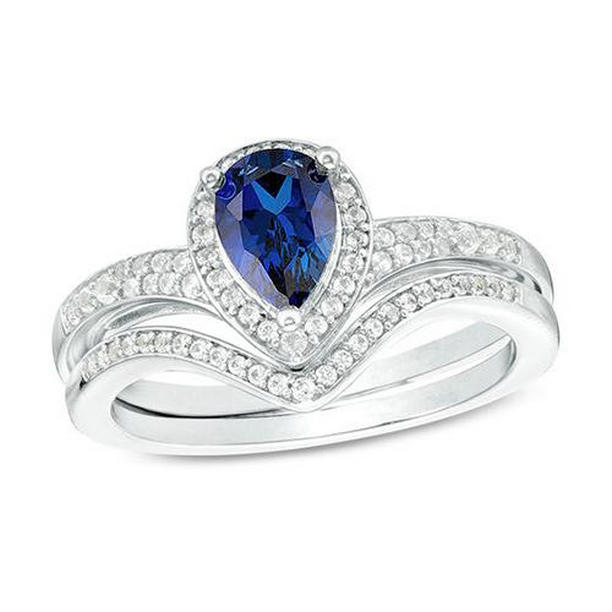 Picture of Harry Chad Enterprises 65928 4 CT Diamond Halo Pear Cut Blue Sapphire Engagement Ring Set, Size 6.5