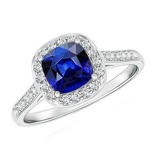 Picture of Harry Chad Enterprises 65947 3 CT Womens Diamond Halo Cushion Blue Sapphire Engagement Ring, Size 6.5