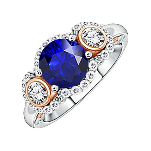 Picture of Harry Chad Enterprises 65949 3.50 CT Halo Diamond Round Blue Sapphire Two Tone Anniversary Ring&#44; Size 6.5